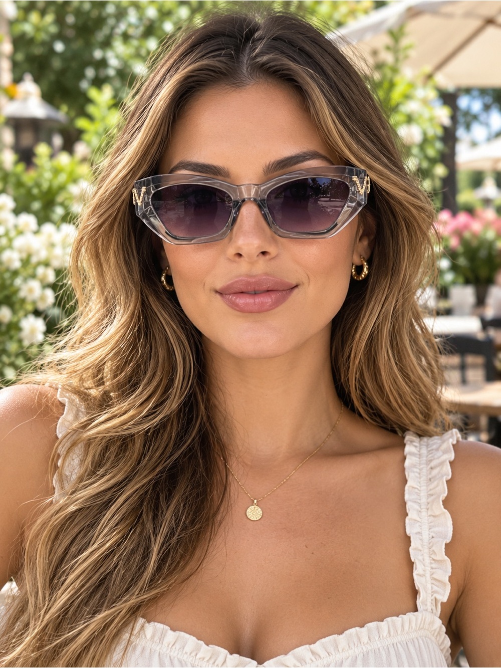 Women’s Smoky Clear Cat Eye Sunglasses Purple Lenses Gold V Detail